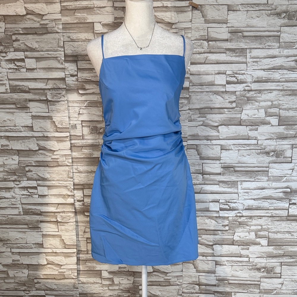 URBAN REVIVO Medium Elegant Blue Ruched Spaghetti Strap Dress